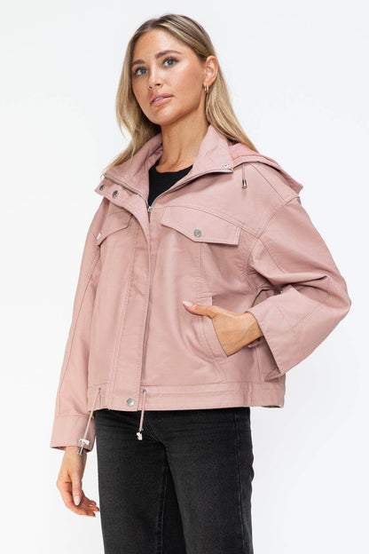 How Dare U Drawstring Hem PU Leather Zip Up Jacket for Women - Selvanelle