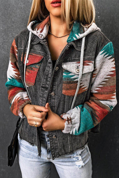 Drawstring Hooded Pocketed Denim Jacket for Women - Selvanelle
