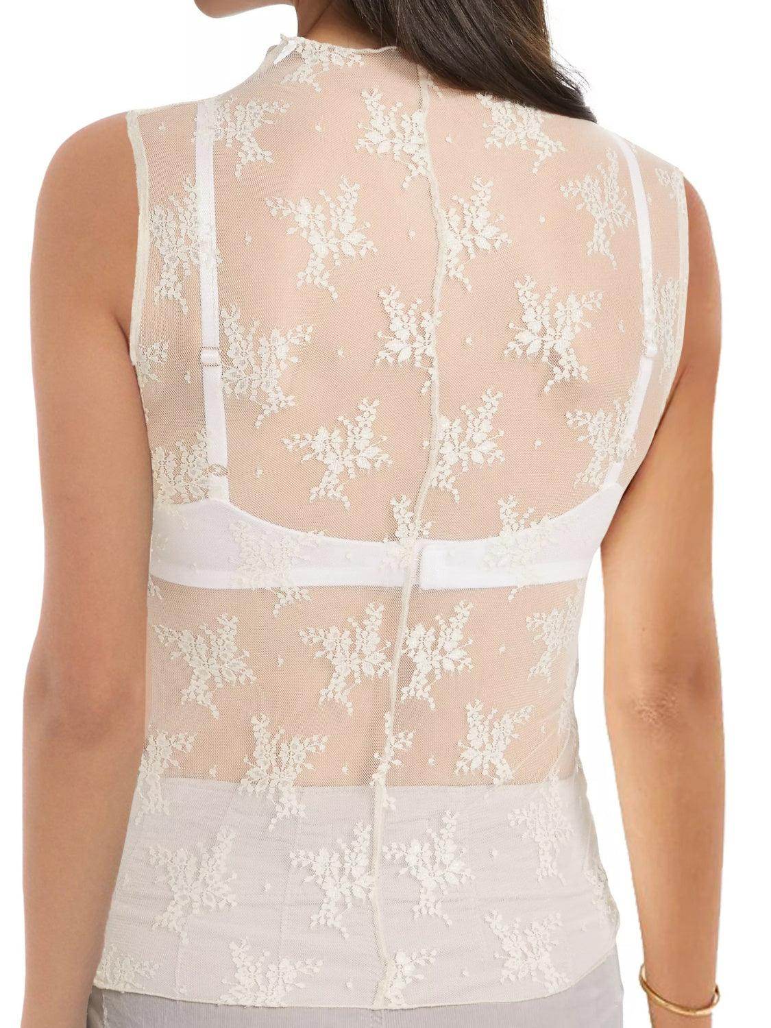 Lace Mock Neck Top for Women in Sheer Polyester Style - Selvanelle