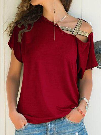 Asymmetrical Neck Short Sleeve T-Shirt for Women Fashion - Selvanelle