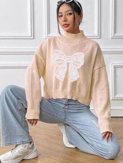 Bow Turtleneck Long Sleeve Sweater for Women Fashion - Selvanelle