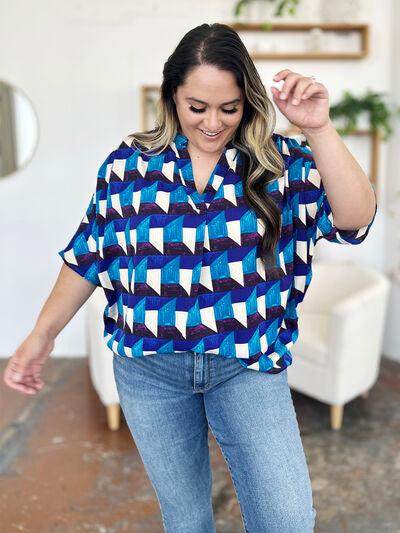 Double Take Full Size Geometric Notched Half Sleeve Blouse - Selvanelle
