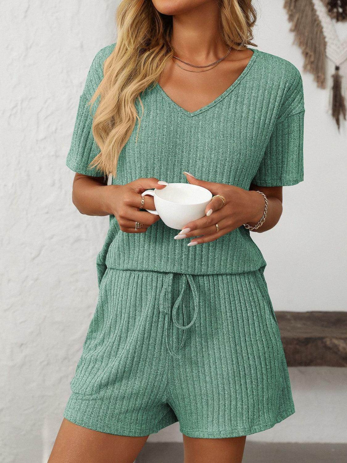 Mandy V-Neck Short Sleeve Top and Shorts Set for Women - Selvanelle