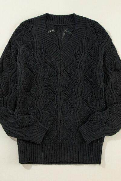 Openwork V-Neck Long Sleeve Sweater for Women Fashion - Selvanelle