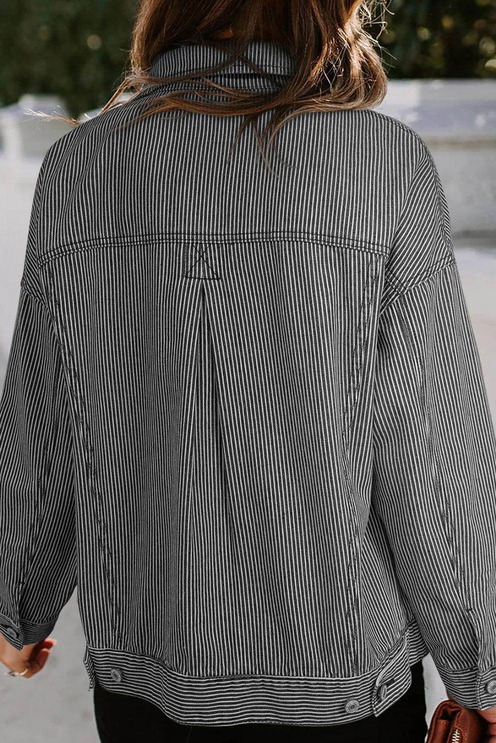 Striped Button Up Long Sleeve Denim Jacket for Women - Selvanelle