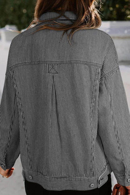 Striped Button Up Long Sleeve Denim Jacket for Women - Selvanelle