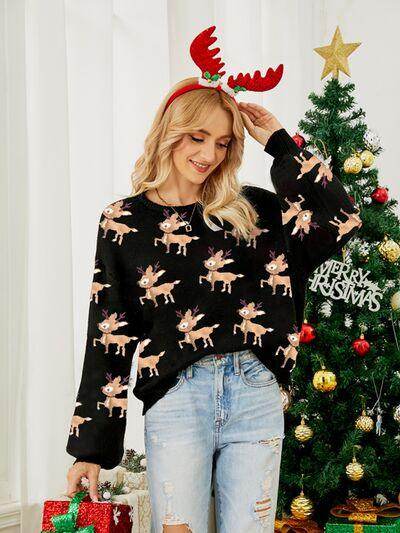 Reindeer Round Neck Long Sleeve Sweater for Women - Selvanelle