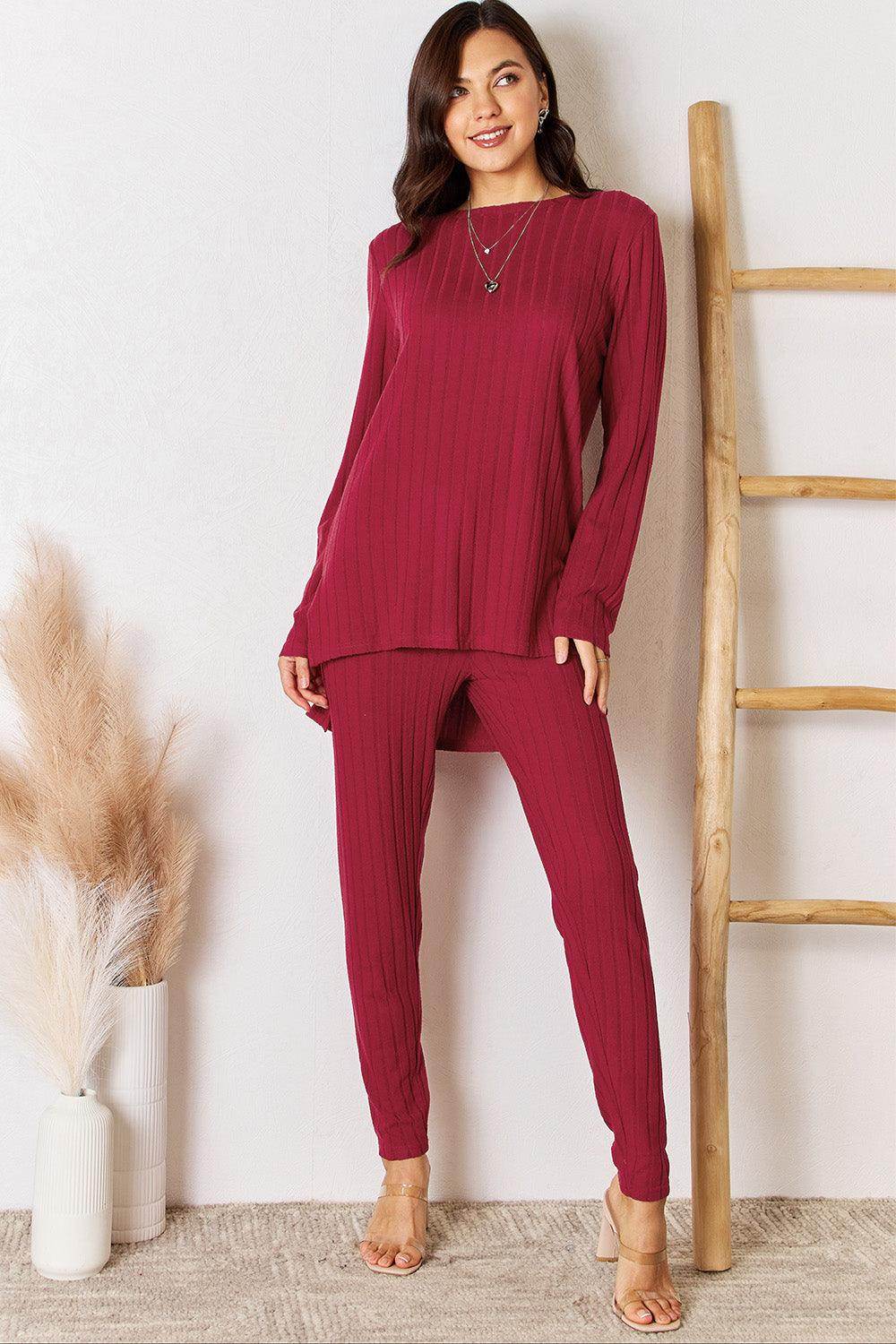 Basic Bae Full Size Ribbed Round Neck High-Low Slit Top Set - Selvanelle
