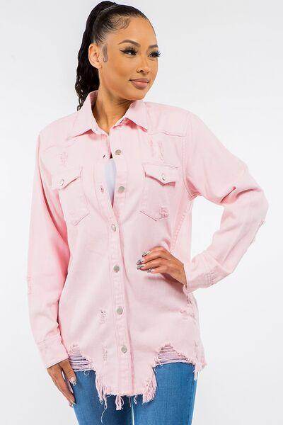 American Bazi Frayed Hem Distressed Denim Jacket for Women - Selvanelle
