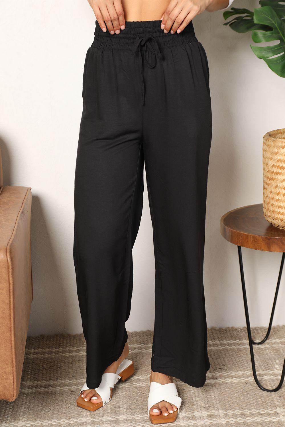 Double Take Drawstring Smocked Waist Wide Leg Pants for Women - Selvanelle
