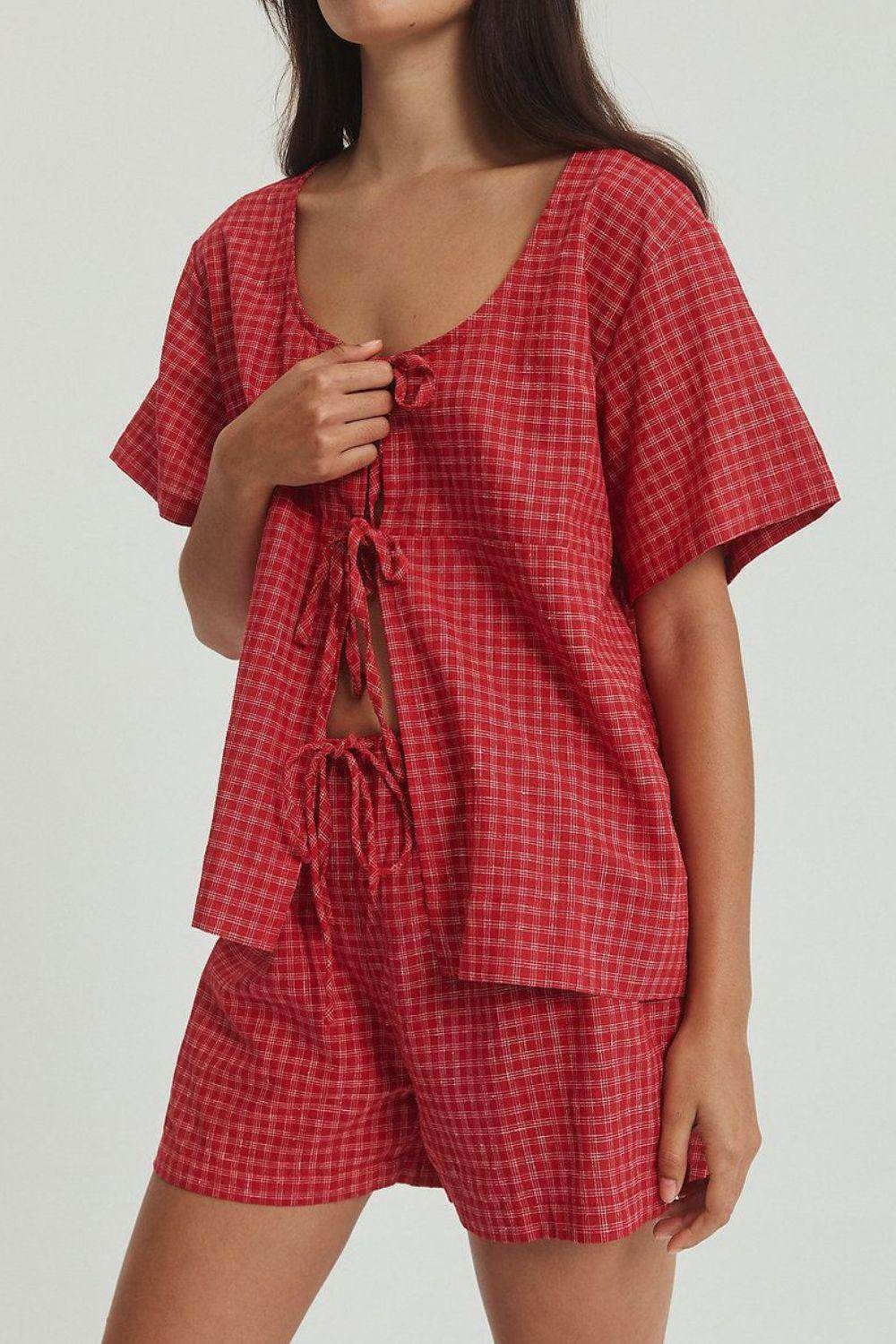 Plaid Tied Scoop Neck Short Sleeve Top and Drawstring Shorts Set - Selvanelle