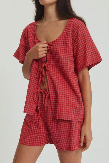 Plaid Tied Scoop Neck Short Sleeve Top and Drawstring Shorts Set - Selvanelle
