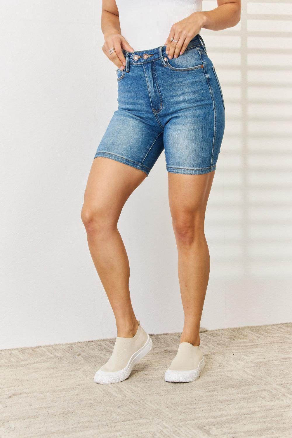 Judy Blue Full Size Tummy Control Double Button Bermuda Shorts - Selvanelle
