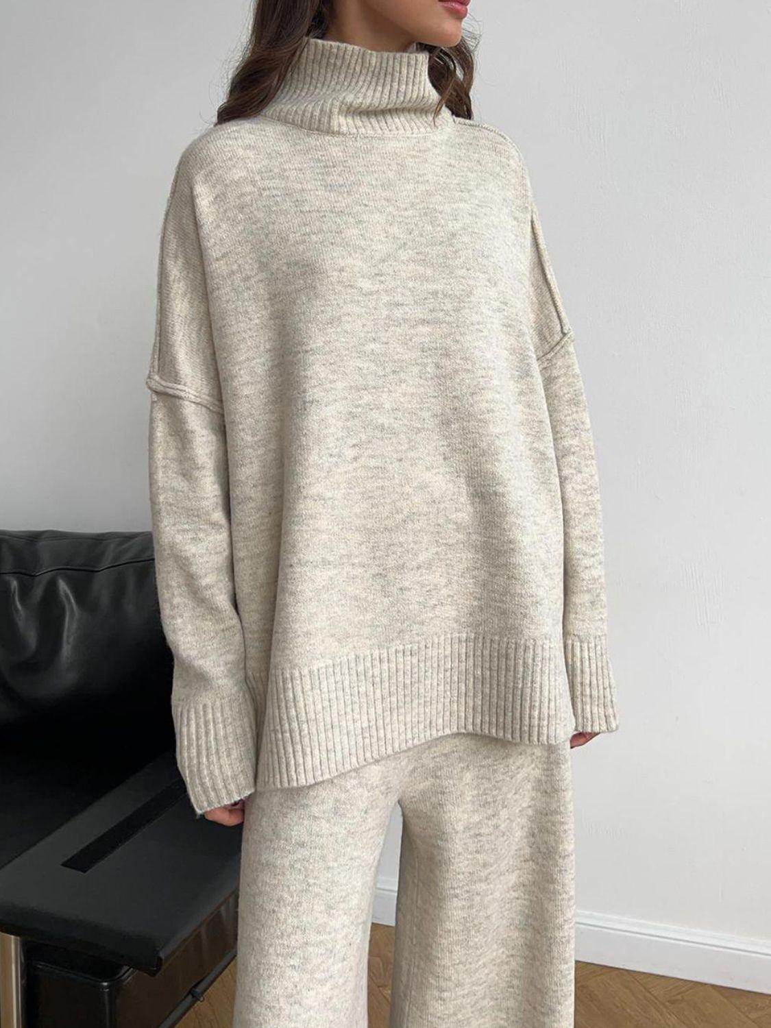 Slit Turtleneck Long Sleeve Top and Pants Sweater Set Outfit - Selvanelle