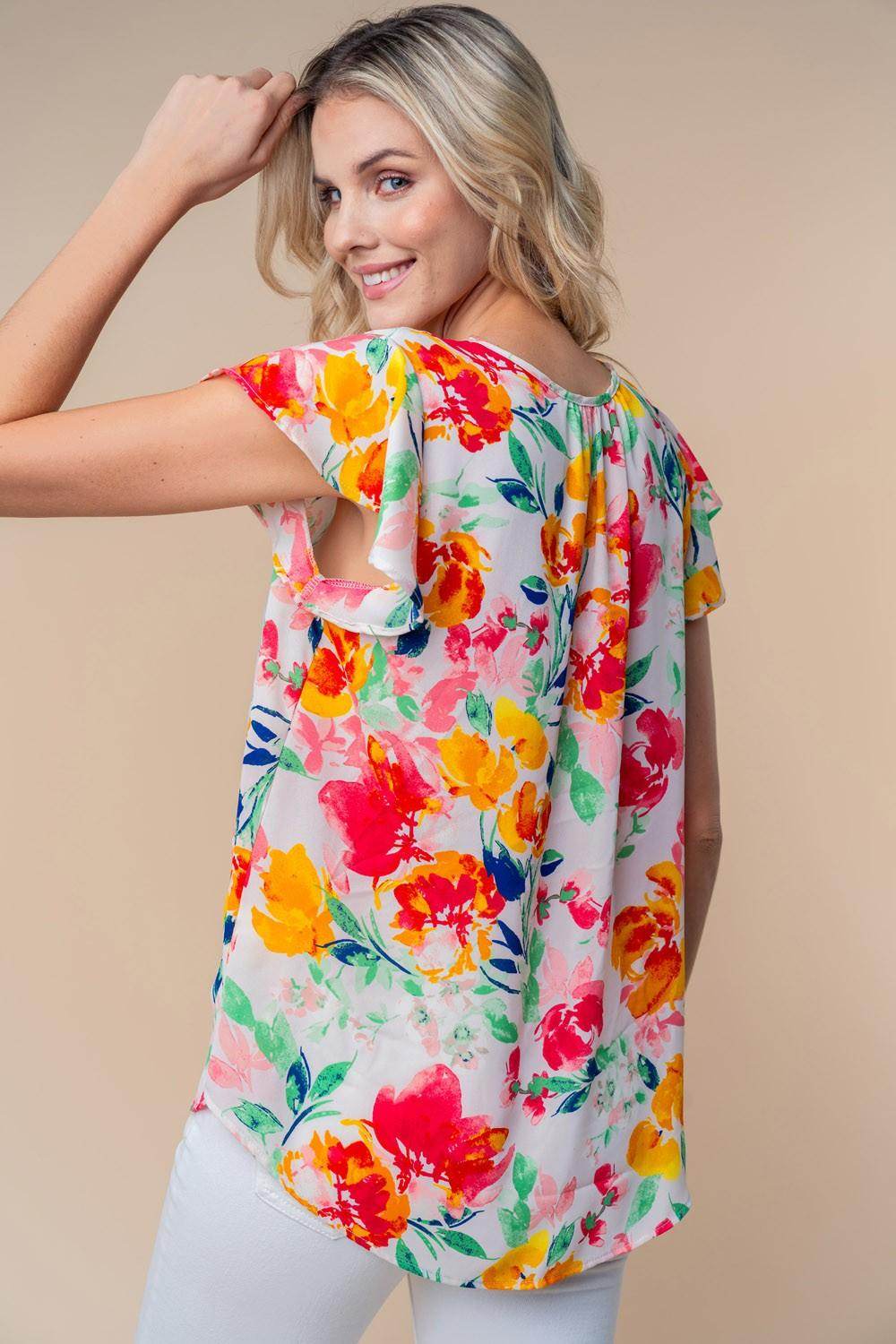 White Birch Full Size Short Sleeve Floral Woven Top for Women - Selvanelle