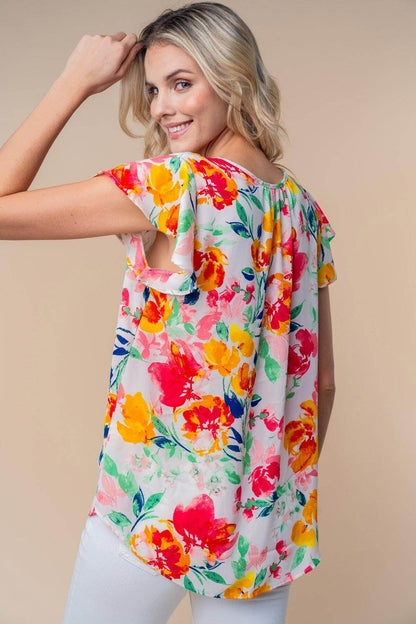White Birch Full Size Short Sleeve Floral Woven Top for Women - Selvanelle