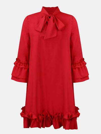 Frill Tie Neck Three-Quarter Sleeve Dress for Women - Selvanelle