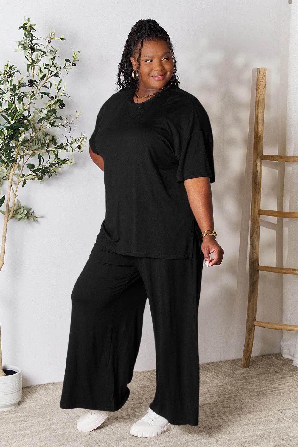 Double Take Full Size Round Neck Slit Top and Pants Set - Selvanelle