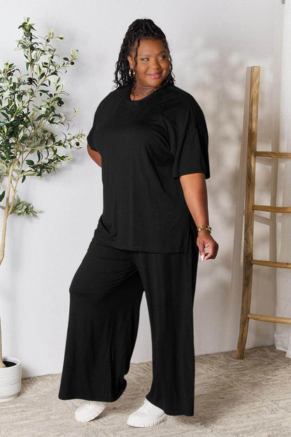 Double Take Full Size Round Neck Slit Top and Pants Set - Selvanelle