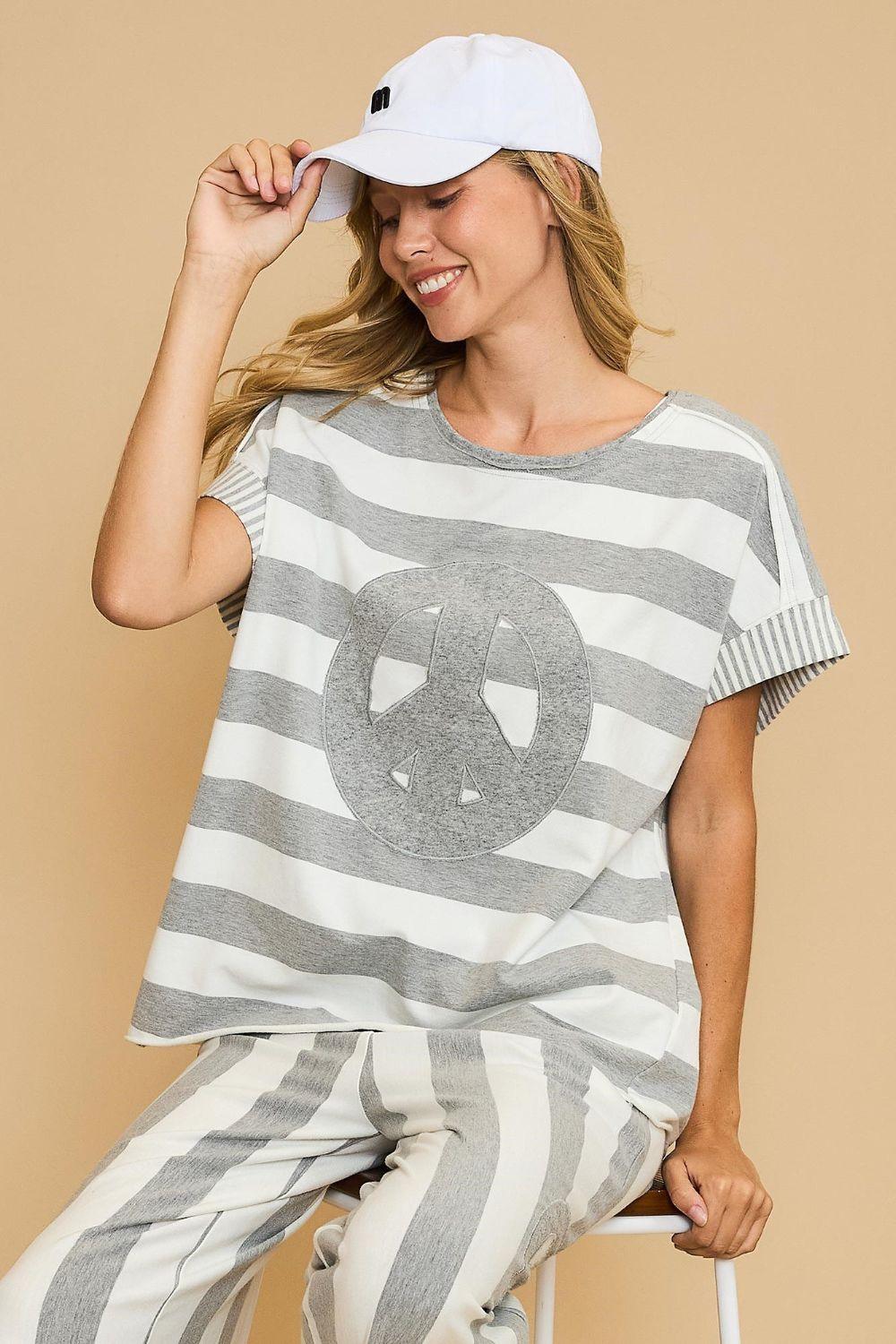 Umgee Peace Sign Patch Striped French Terry T-Shirt for Women