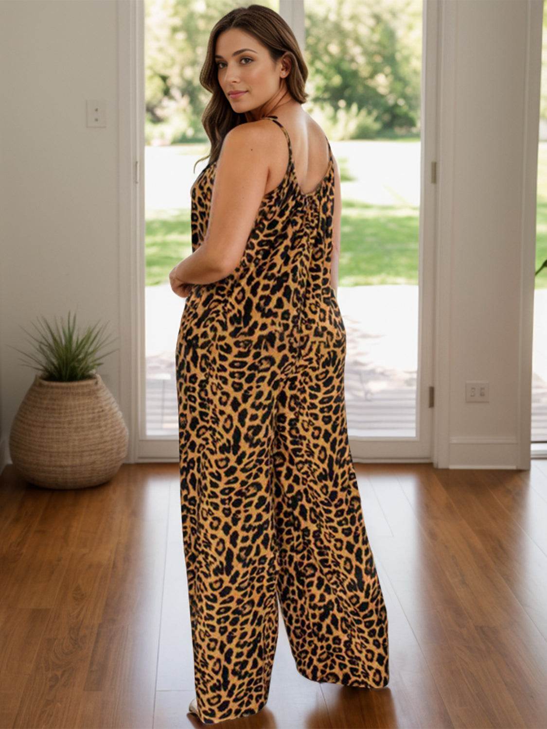 Full Size Leopard Scoop Neck Wide Leg Jumpsuit - Selvanelle