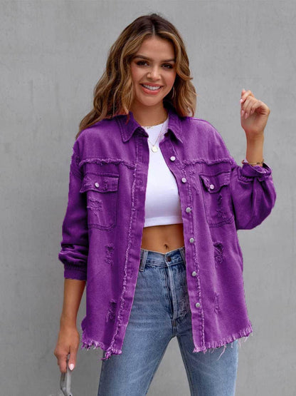Distressed Drop Shoulder Denim Jacket for Casual Style - Selvanelle