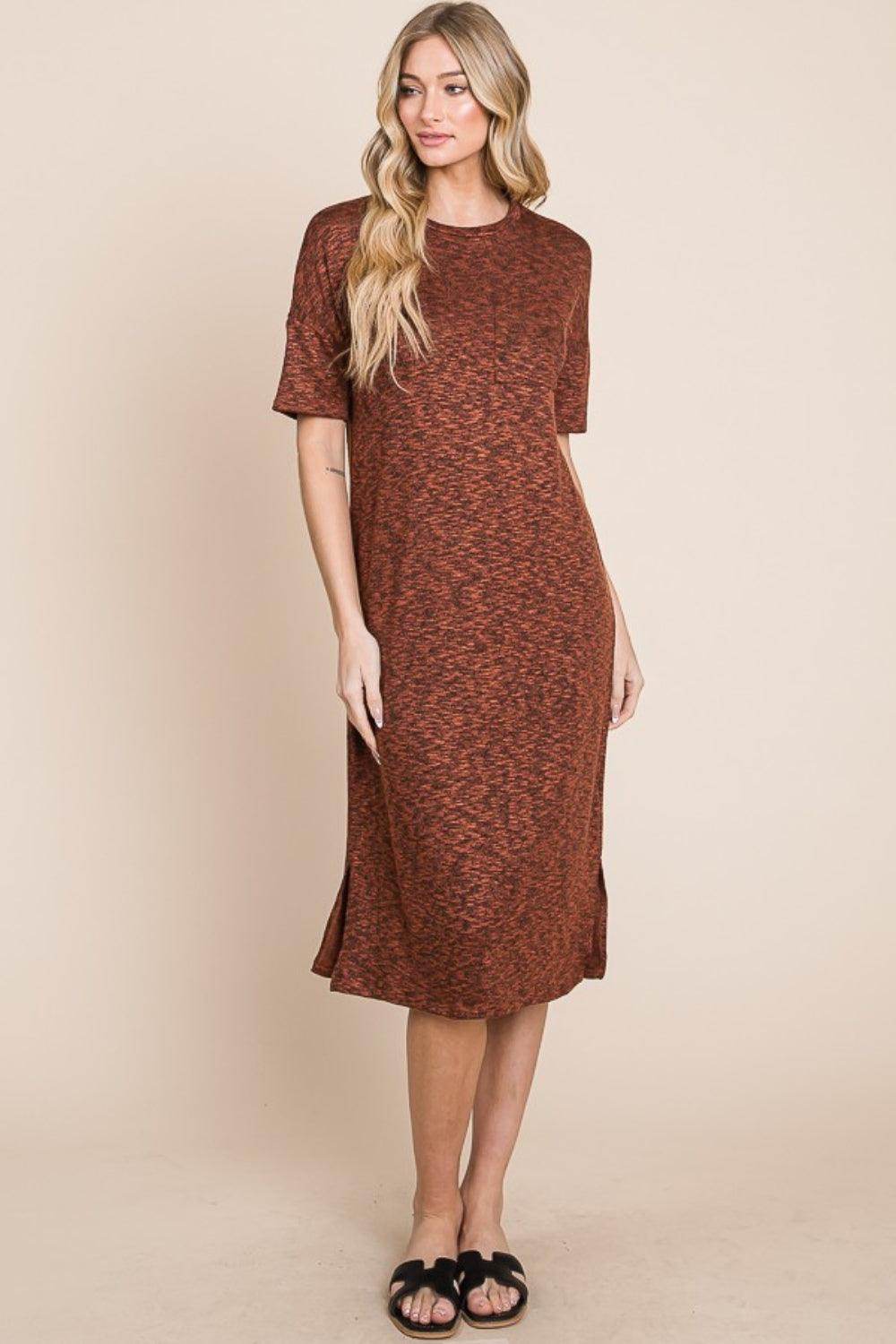 BOMBOM Round Neck Side Slit Midi Dress for Casual Elegance - Selvanelle