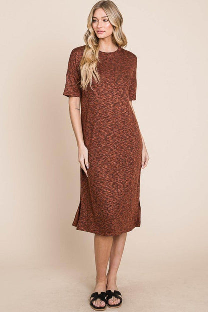 BOMBOM Round Neck Side Slit Midi Dress for Casual Elegance - Selvanelle