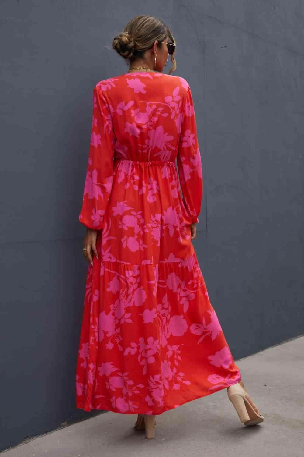 Floral Drawstring Waist Long Sleeve Dress for Women - Selvanelle