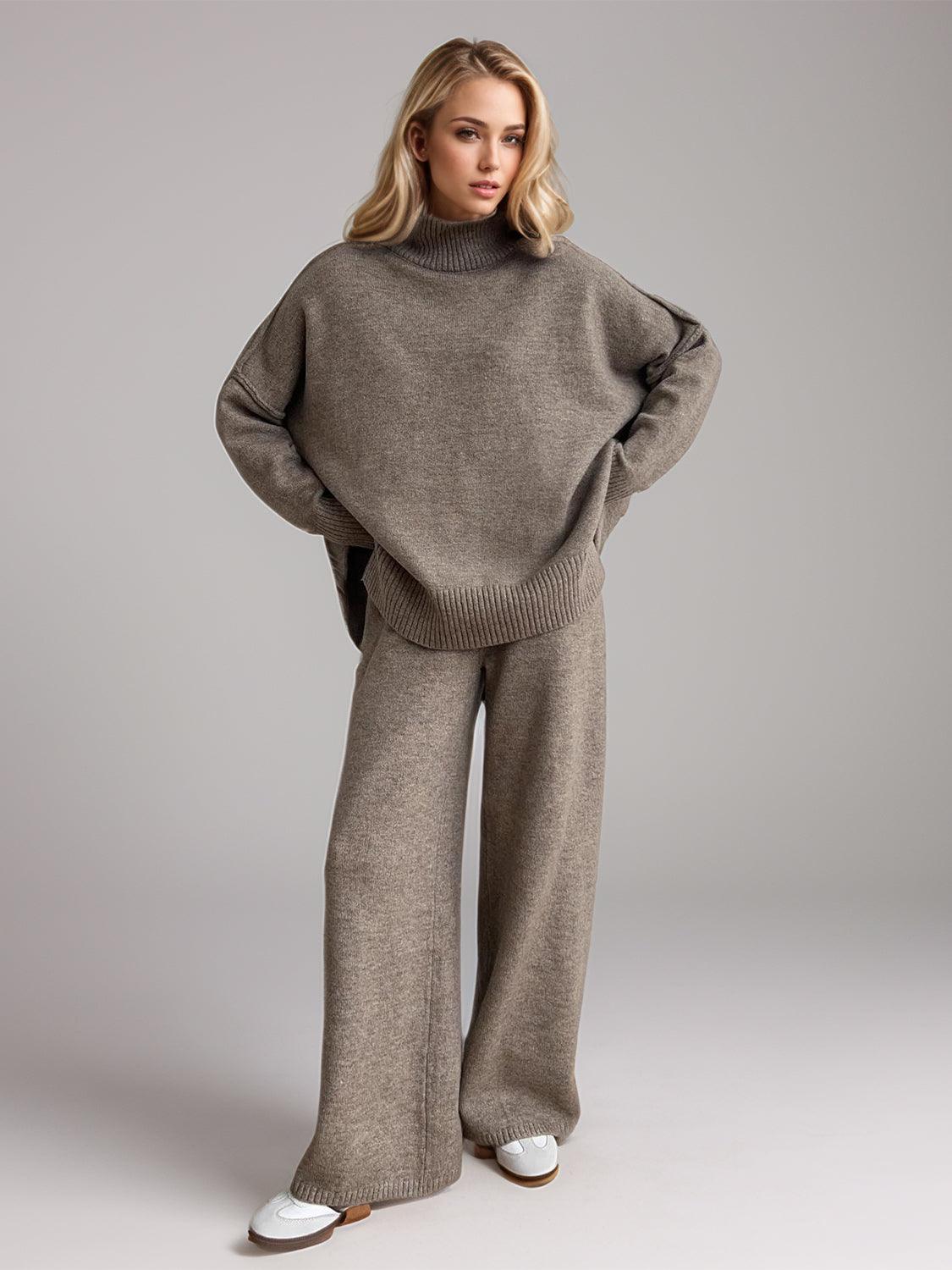 Slit Turtleneck Long Sleeve Top and Pants Sweater Set Outfit