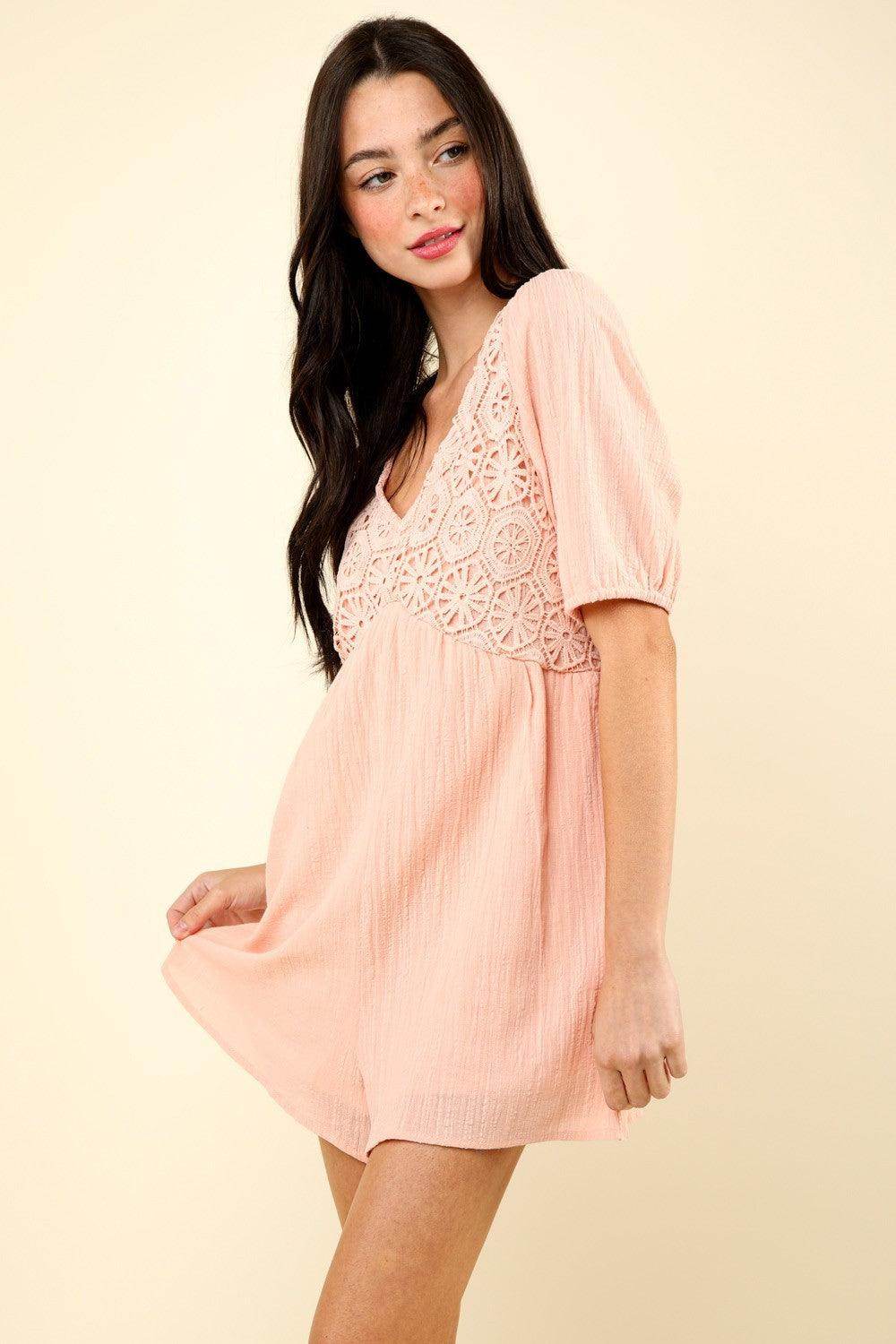 Very J Lace Detail Puff Sleeve Romper with Pockets - Selvanelle