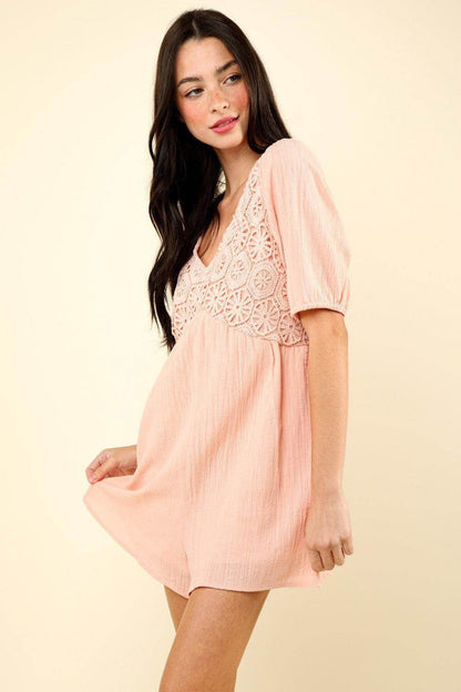 Very J Lace Detail Puff Sleeve Romper with Pockets - Selvanelle