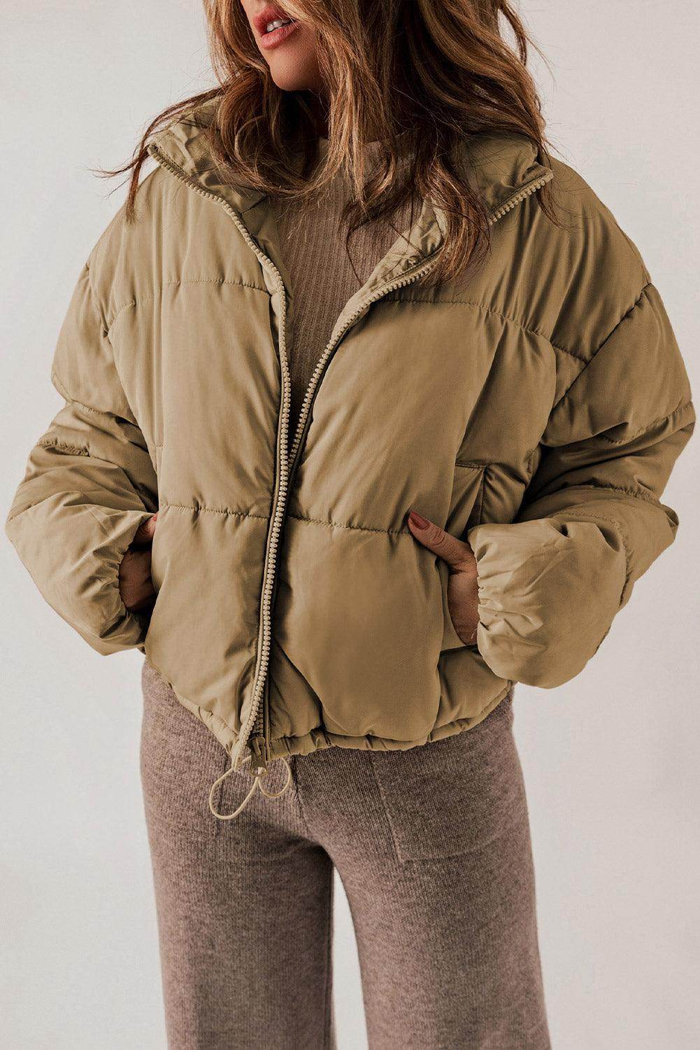 Zip Up Collared Neck Long Sleeve Winter Coat for Women - Selvanelle