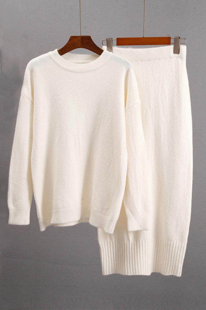 Round Neck Dropped Shoulder Top and Skirt Sweater Set - Selvanelle