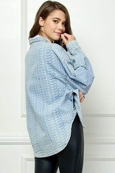 Veveret Button Up Dropped Shoulder Denim Top for Women - Selvanelle