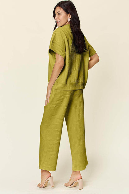Double Take Full Size Texture Half Zip Short Sleeve Top Set - Selvanelle