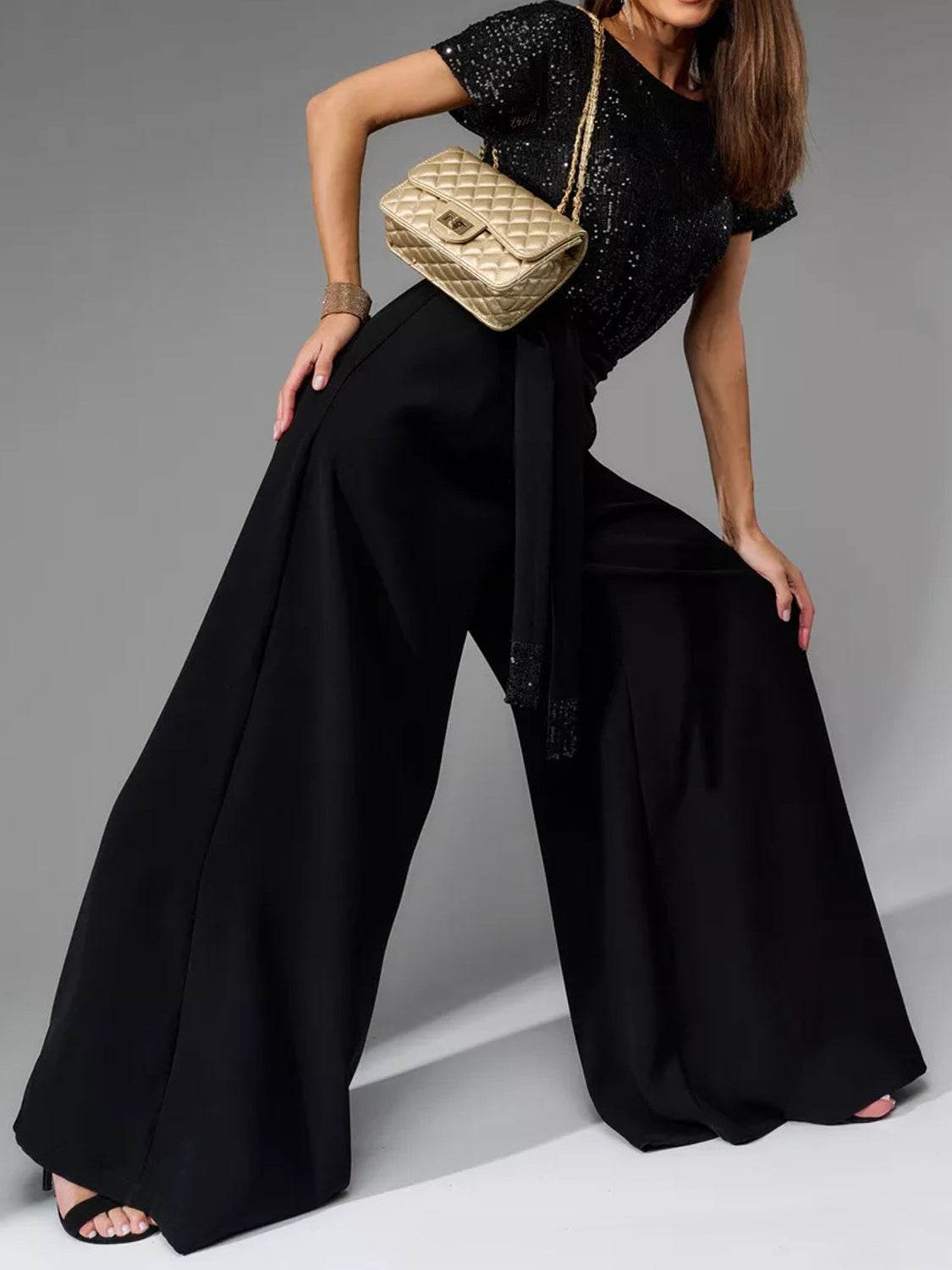 Full Size Sequin Round Neck Short Sleeve Wide Leg Jumpsuit - Selvanelle