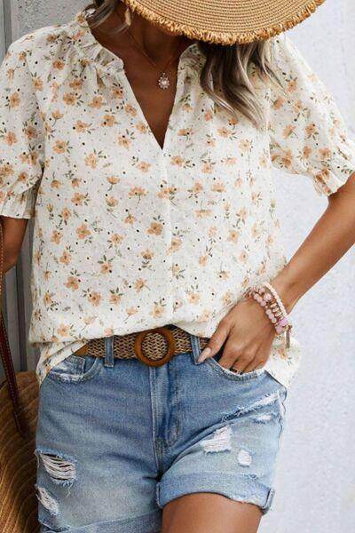Frill Printed Notched Short Sleeve Blouse for Women - Selvanelle