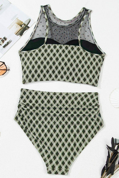 Dotted Mesh Plaid Patchwork High Waisted Swim Set - Selvanelle