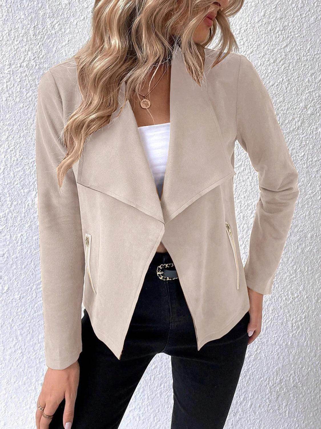 Collared Neck Long Sleeve Jacket for Everyday Wear - Selvanelle
