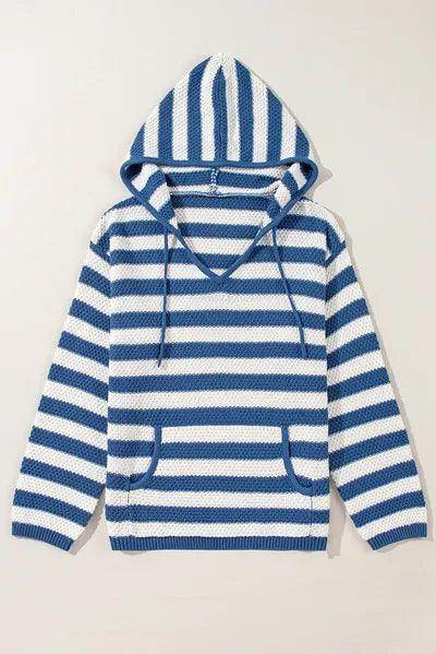 Drawstring Striped Long Sleeve Hooded Sweater for Women - Selvanelle