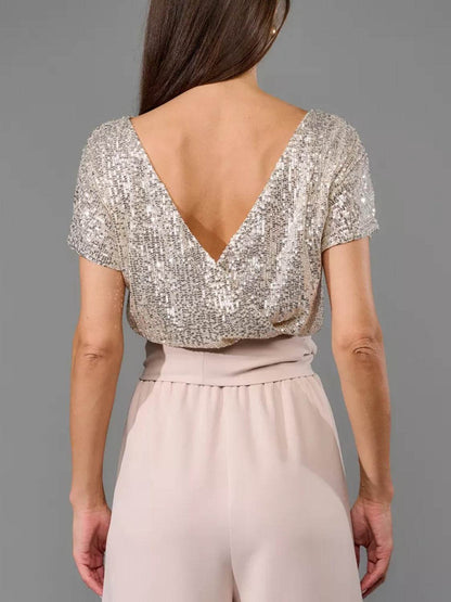 Full Size Sequin Round Neck Short Sleeve Wide Leg Jumpsuit - Selvanelle