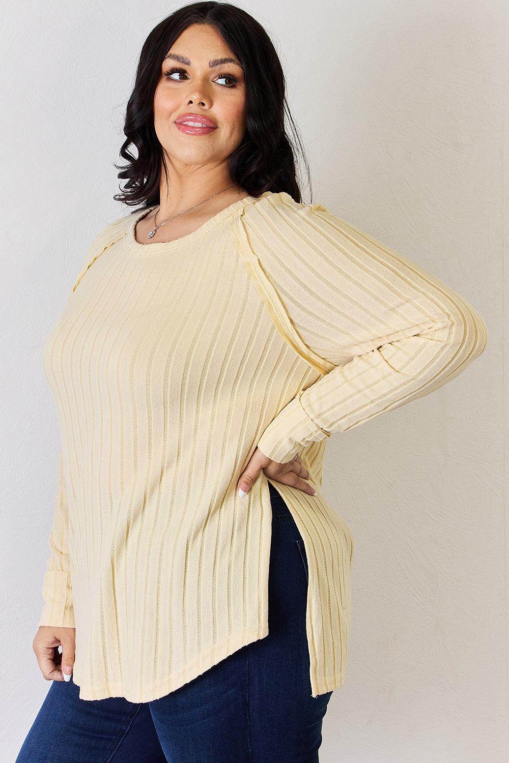 Basic Bae Full Size Ribbed Round Neck Slit T-Shirt for Women - Selvanelle