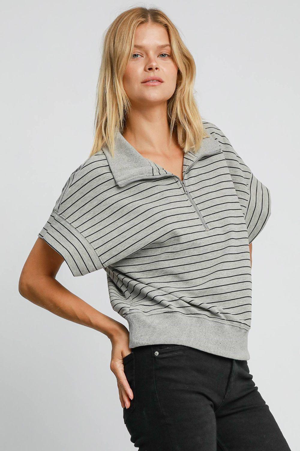 Umgee Striped Half Zip Short Sleeve Sweatshirt for Women