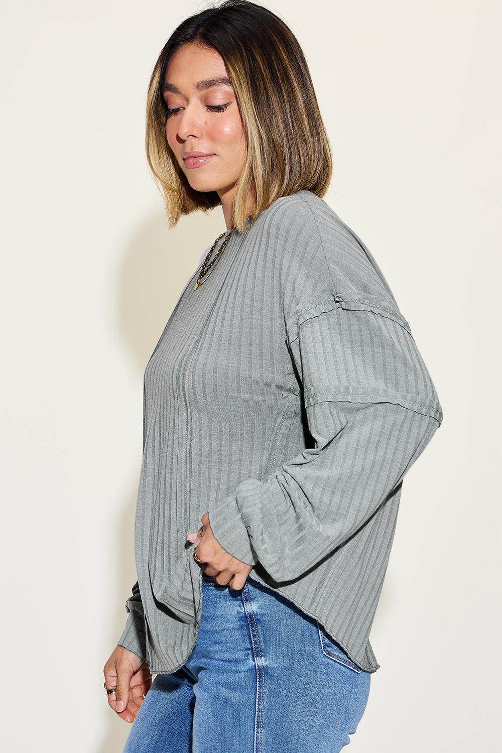 Basic Bae Full Size Ribbed Round Neck Long Sleeve T-Shirt - Selvanelle