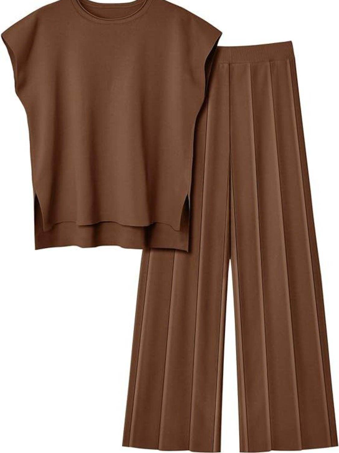 Round Neck Cap Sleeve Top and Pants Knit Set for Women - Selvanelle