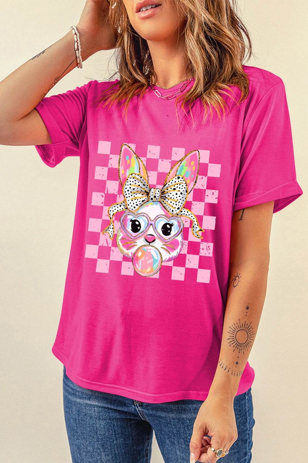 Rabbit Graphic Round Neck Short Sleeve T-Shirt - Selvanelle