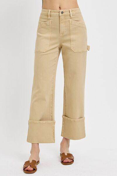 RISEN Full Size High Rise Wide Straight Cuffed Patch Jeans Plus Size - Selvanelle