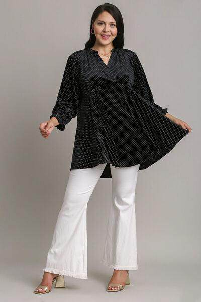 Umgee Full Size Beaded Frill Flounce Sleeve Velvet Blouse - Selvanelle