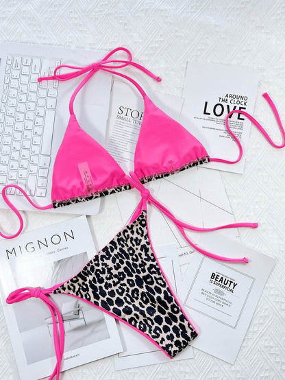 Leopard Print Halter Neck Tie Side Bikini Set - Selvanelle